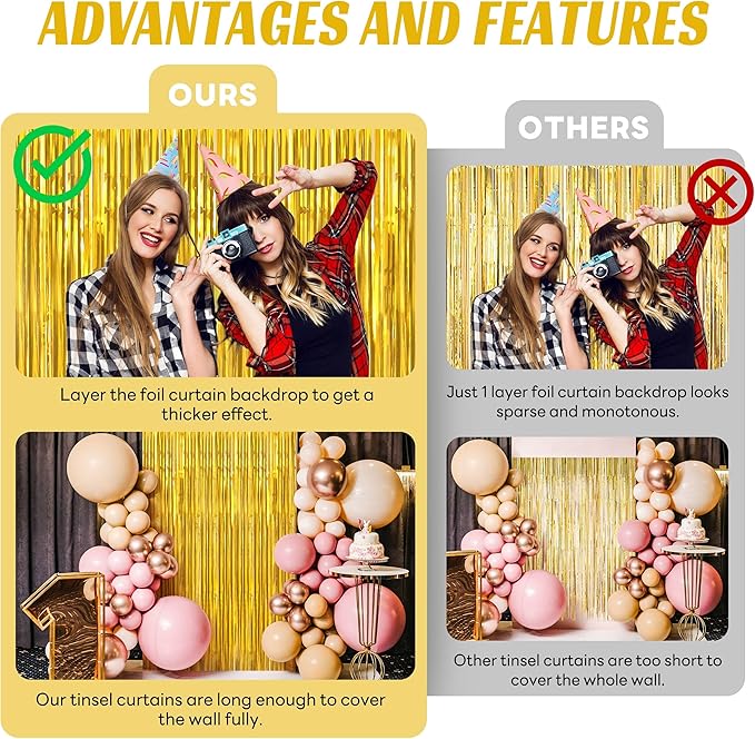 BTSD-home Gold Foil Fringe Curtain, Metallic Photo Booth Backdrop Tinsel Door Curtains for Wedding Birthday Bridal Shower Baby Shower Bachelorette Christmas Party Decorations(4 Pack, 8ft x 3ft)