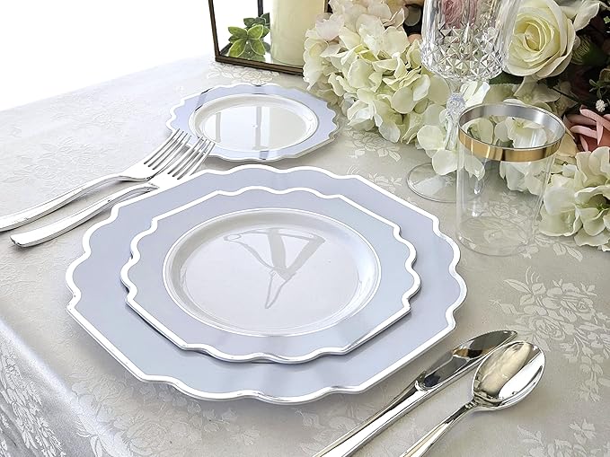 " OCCASIONS " 150 Piece set (25 Guests)-Wedding Plastic Plates & cutlery -Disposable heavyweight Dinnerware 10.5'',8''+Silverware w/double fork (Imperial in White/Baby Blue & Silver)