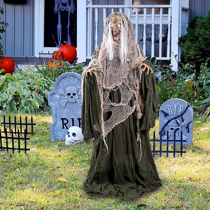 JOYIN 65" Halloween Animatronics Witch Decorations Outdoor with LED Eyes and Creepy Sound, Scary Life Size Animated Decor for Haunted House Lawn Yard