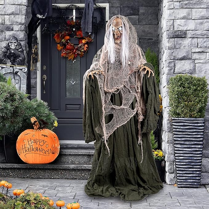 JOYIN 65" Halloween Animatronics Witch Decorations Outdoor with LED Eyes and Creepy Sound, Scary Life Size Animated Decor for Haunted House Lawn Yard